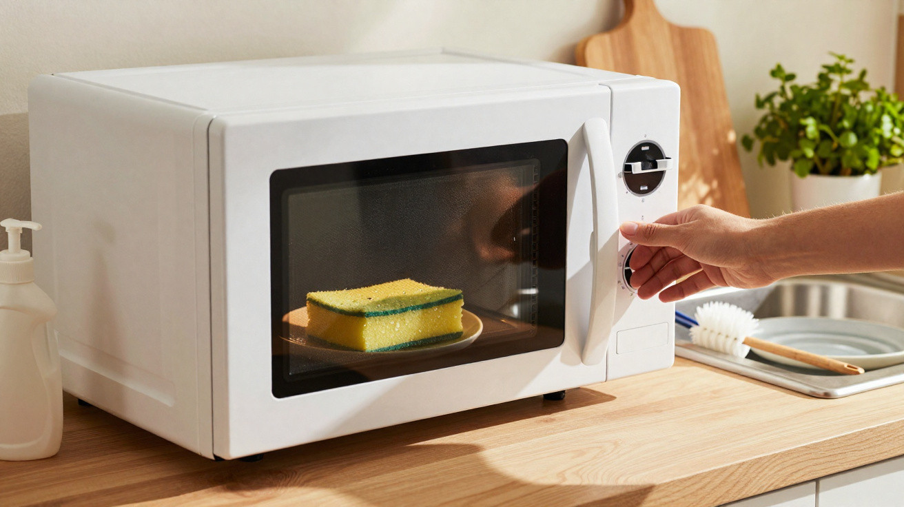 Micro-ondas branco com uma esponja amarela dentro e mão a ajustar o temporizador na cozinha.