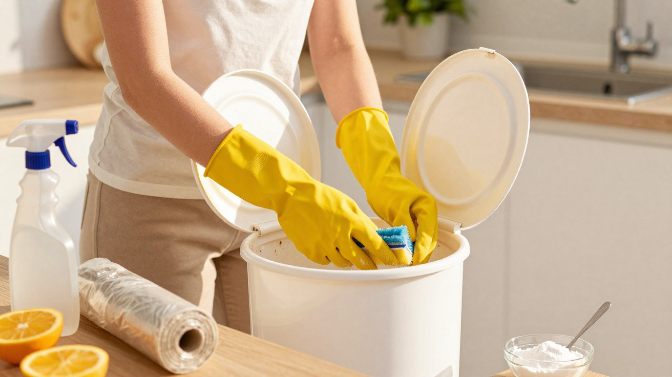 Pessoa com luvas amarelas a limpar um recipiente branco de cozinha com esponja azul e amarelo.