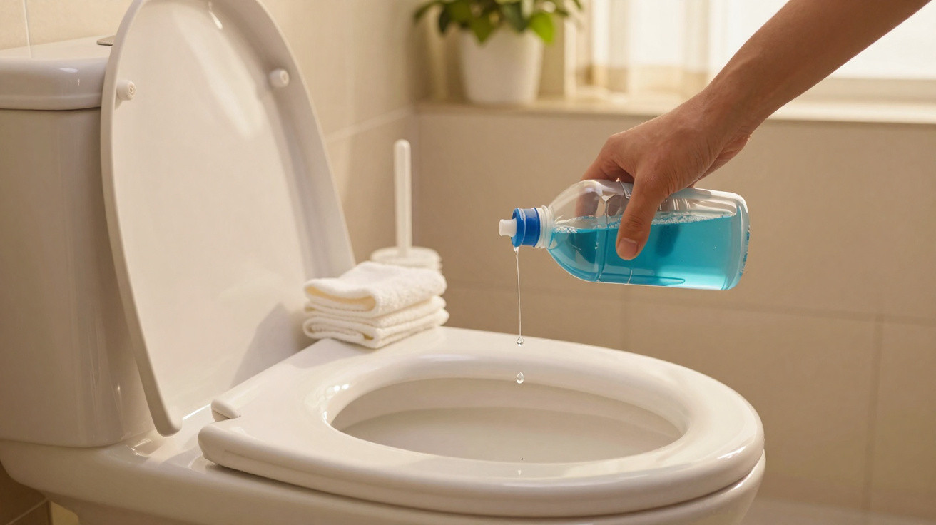 Pessoa a verter líquido azul num vaso sanitário branco numa casa de banho iluminada.