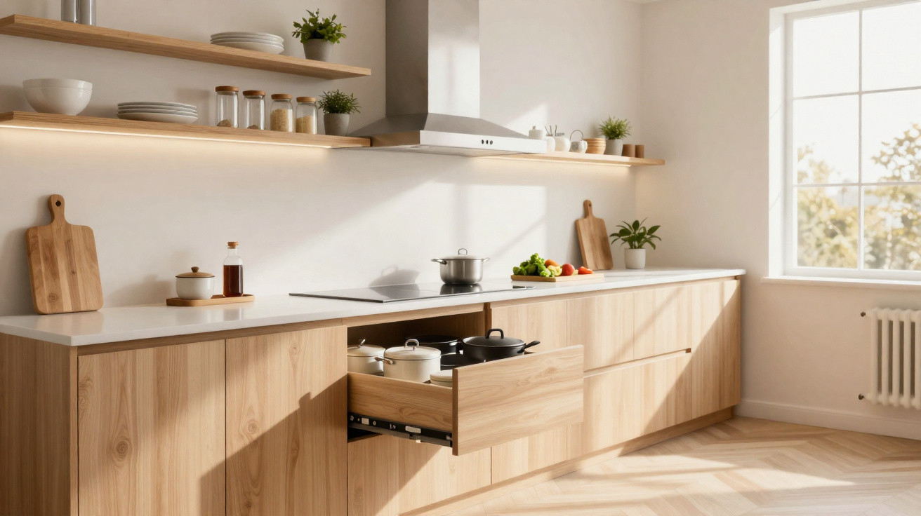 Cozinha moderna com armários de madeira, utensílios de cozinha, plantas e luz natural pela janela ampla.