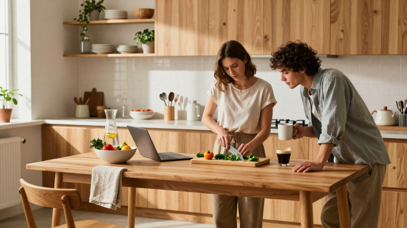 Casal jovem a preparar refeição na cozinha moderna com laptop e frutas na mesa de madeira clara.