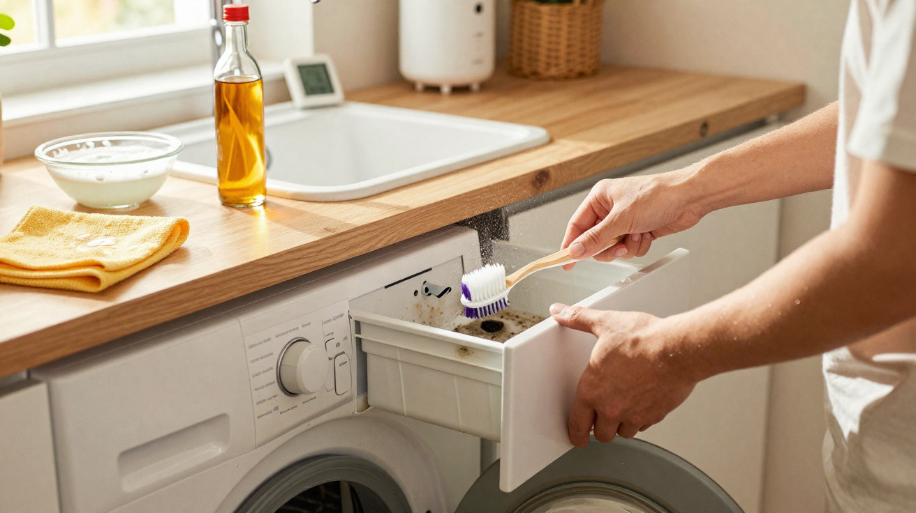 Pessoa a limpar o compartimento de detergente da máquina de lavar roupa com uma escova numa cozinha.