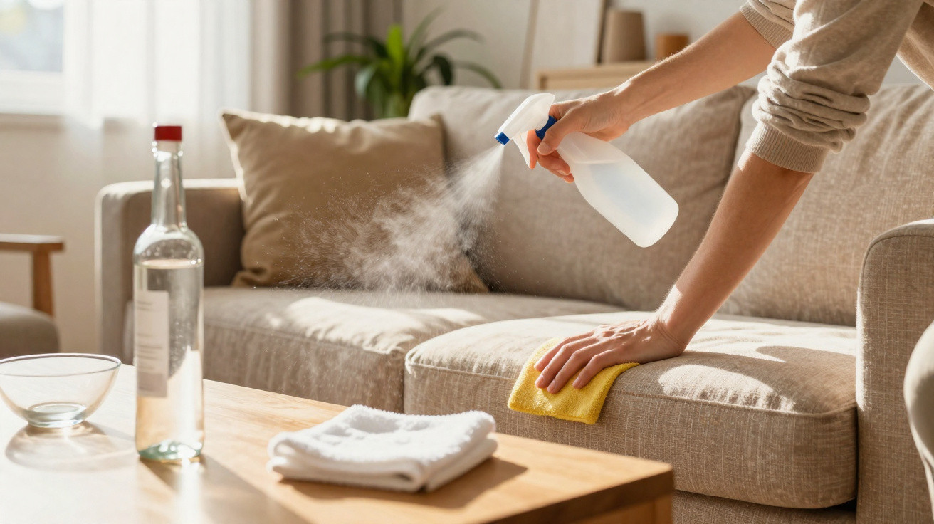 Pessoa a limpar um sofá bege com spray e pano amarelo numa sala iluminada por luz natural.