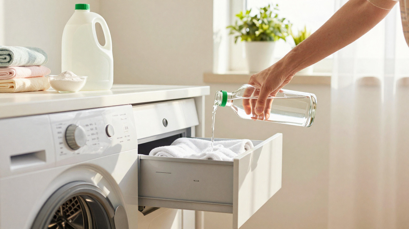 Mão a verter líquido de garrafa para dispenser de máquina de lavar roupa com detergente e toalhas ao lado.