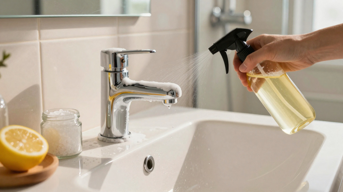 Pessoa a pulverizar limpa torneiras num lavatório branco com escuma branca e limão partido.