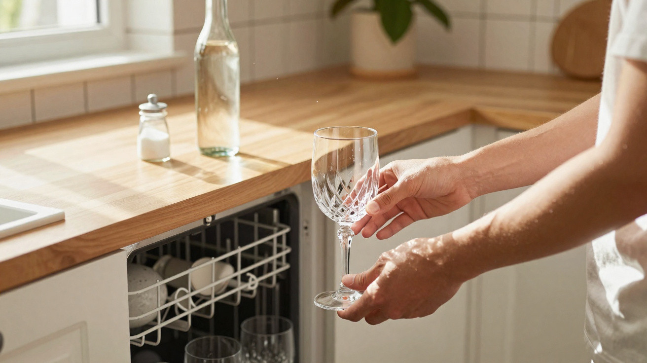 Pessoa a guardar uma taça de vidro num lava-louças aberto na cozinha com bancada de madeira.