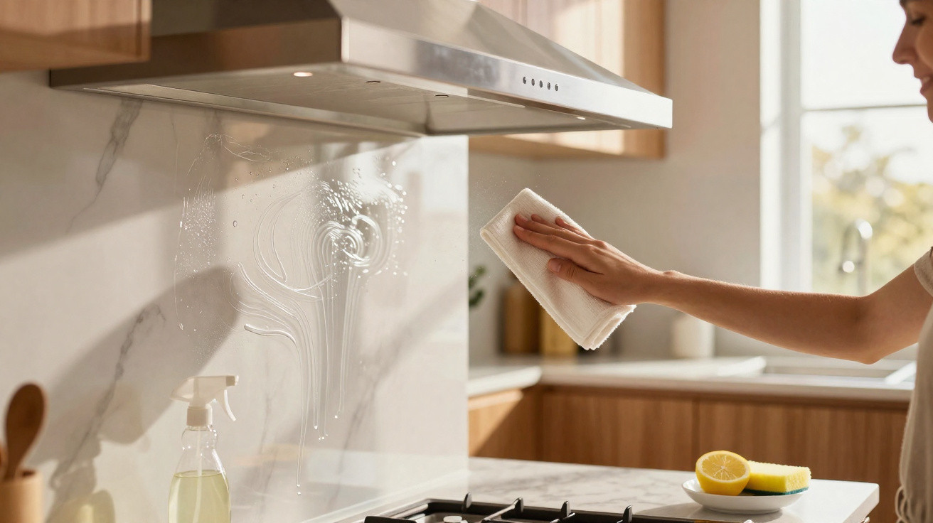 Pessoa a limpar o vidro da chaminé da cozinha com um pano branco e produtos de limpeza ao lado.