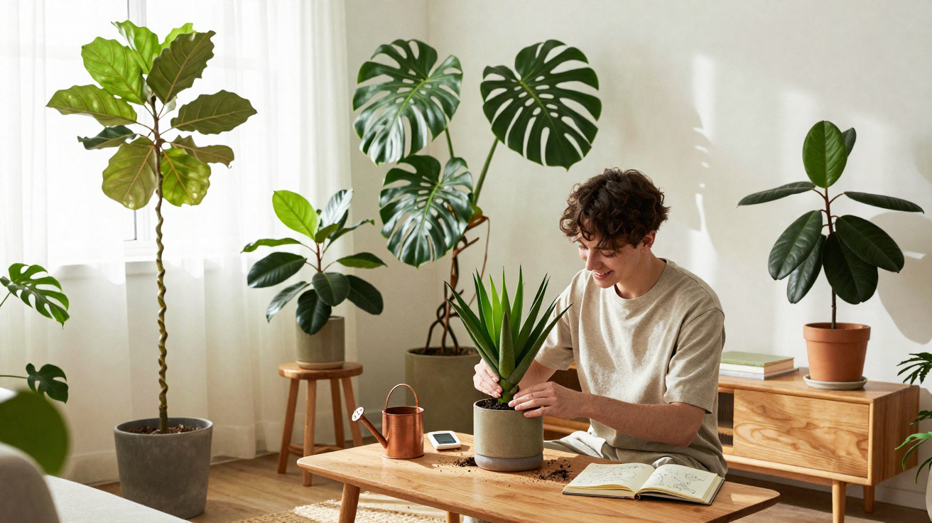 Jovem a cuidar de planta em vaso numa sala luminosa com várias plantas decorativas em redor.
