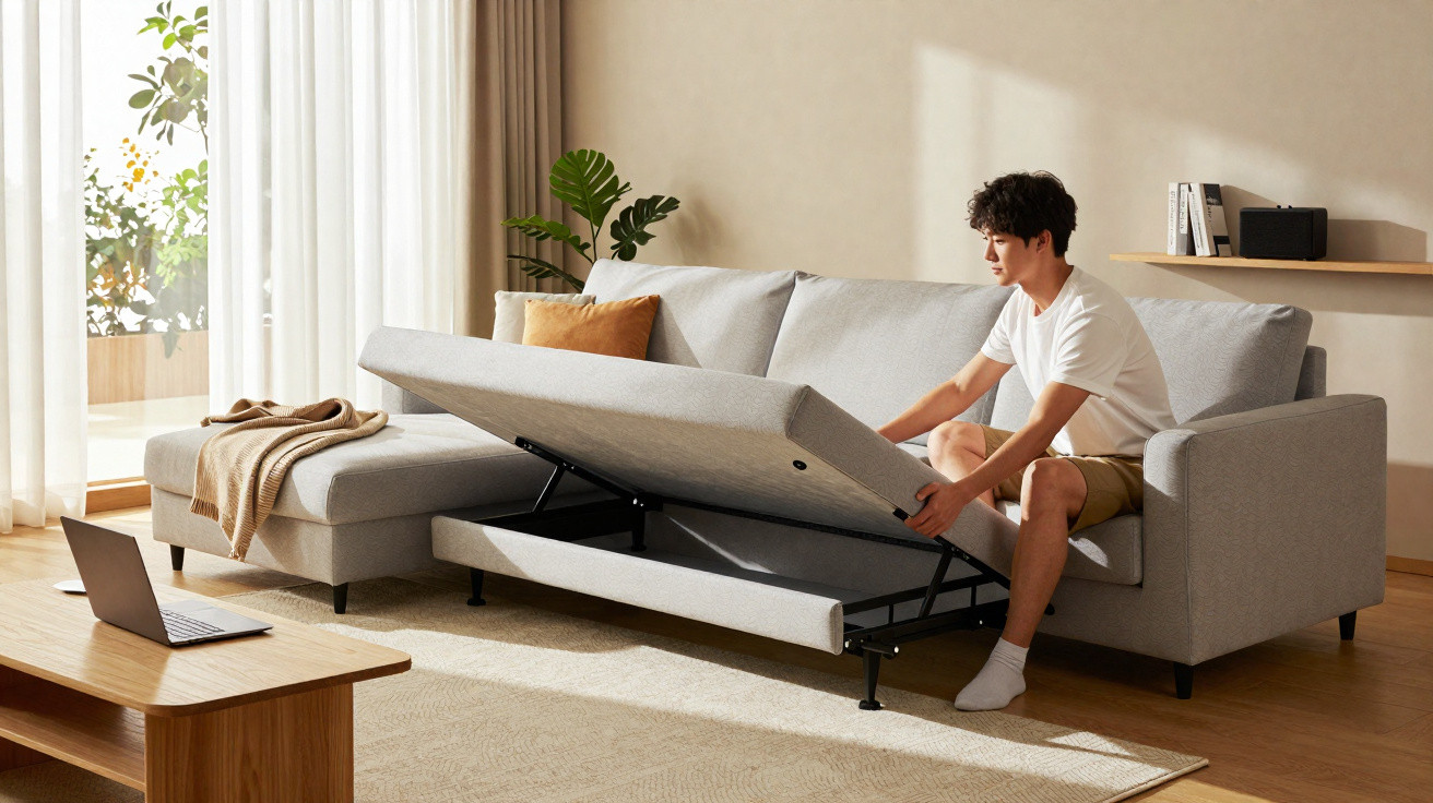 Homem a abrir espaço de arrumação numa sofá-cama cinzento numa sala luminosa e moderna.