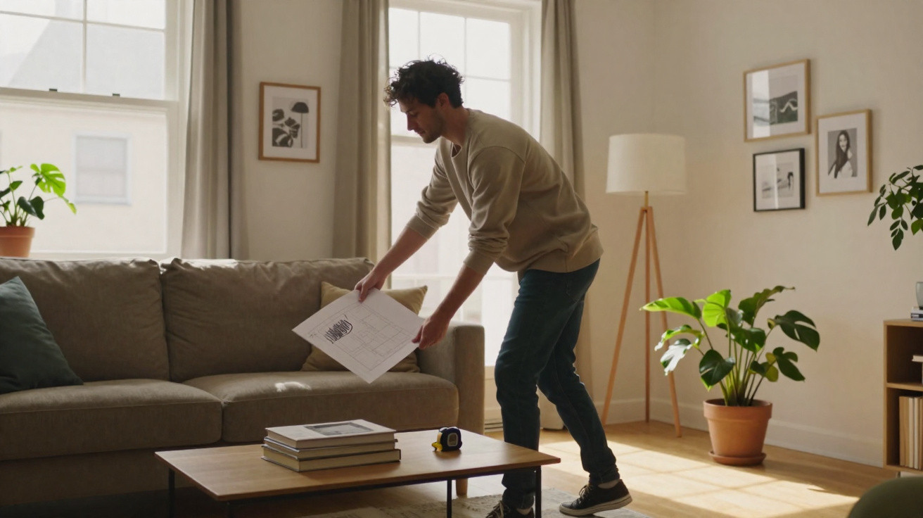 Homem a guardar papéis num sofá numa sala iluminada com plantas e decoração minimalista.