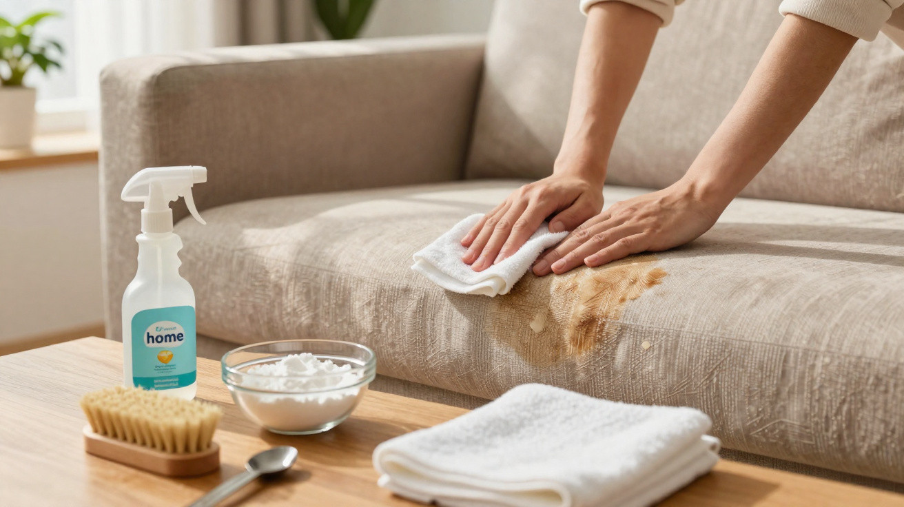 Pessoa a limpar nódoa castanha num sofá bege com pano branco, com produtos de limpeza na mesa em frente.