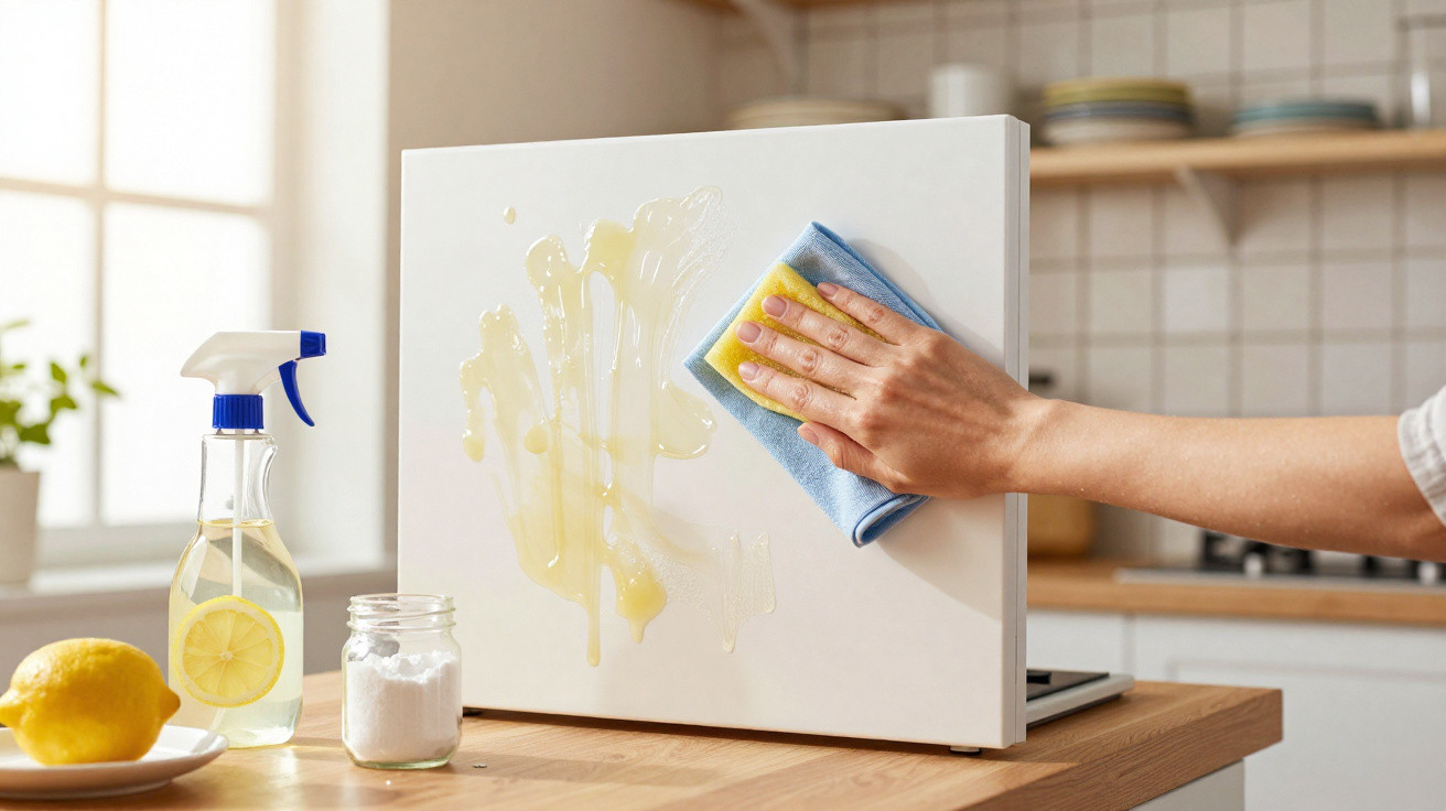 Mão limpa sujidade num painel branco com esponja e pano azul numa cozinha luminosa com produtos de limpeza naturais.