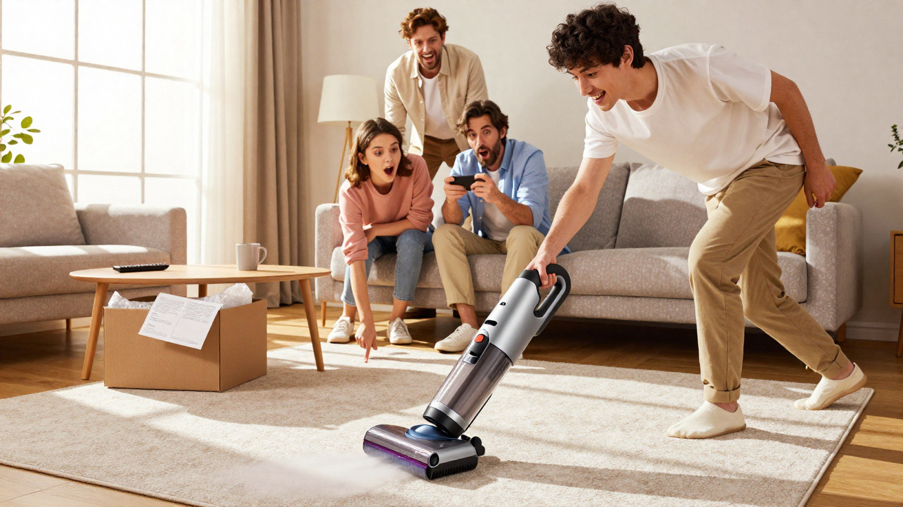 Jovem a aspirar carpetes com aspirador, amigos a torcerem e divertirem-se numa sala de estar moderna.