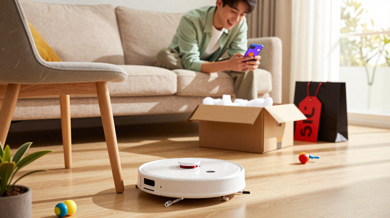 Jovem sentado no sofá a mexer no telemóvel enquanto aspirador robot limpa chão de madeira na sala.