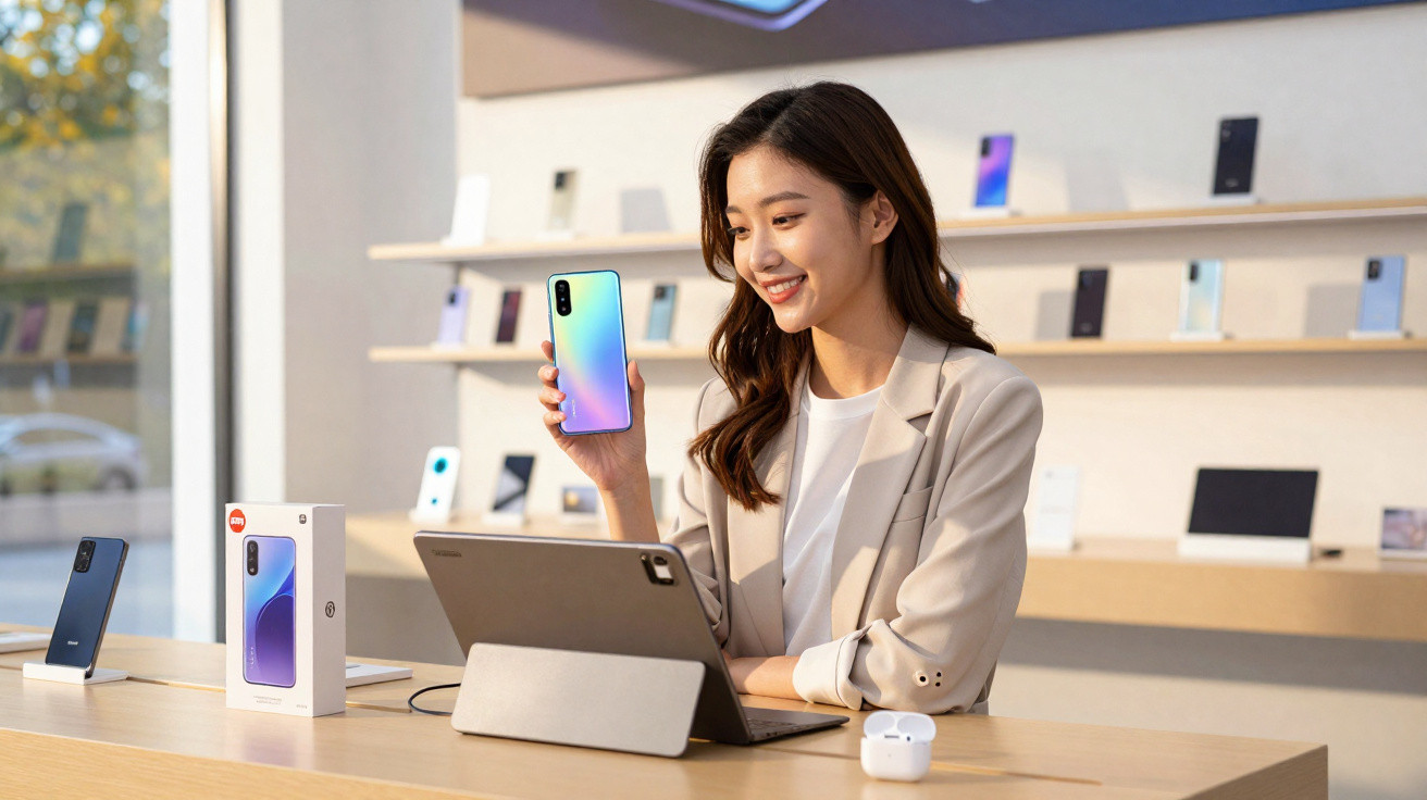 Mulher sorridente mostra smartphone colorido num espaço moderno de venda de tecnologia.