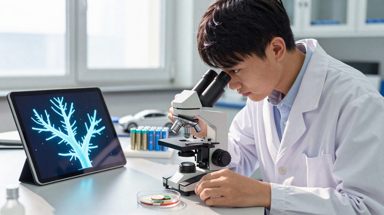 Jovem cientista observa amostra no microscópio com imagem digital de célula na mesa do laboratório.