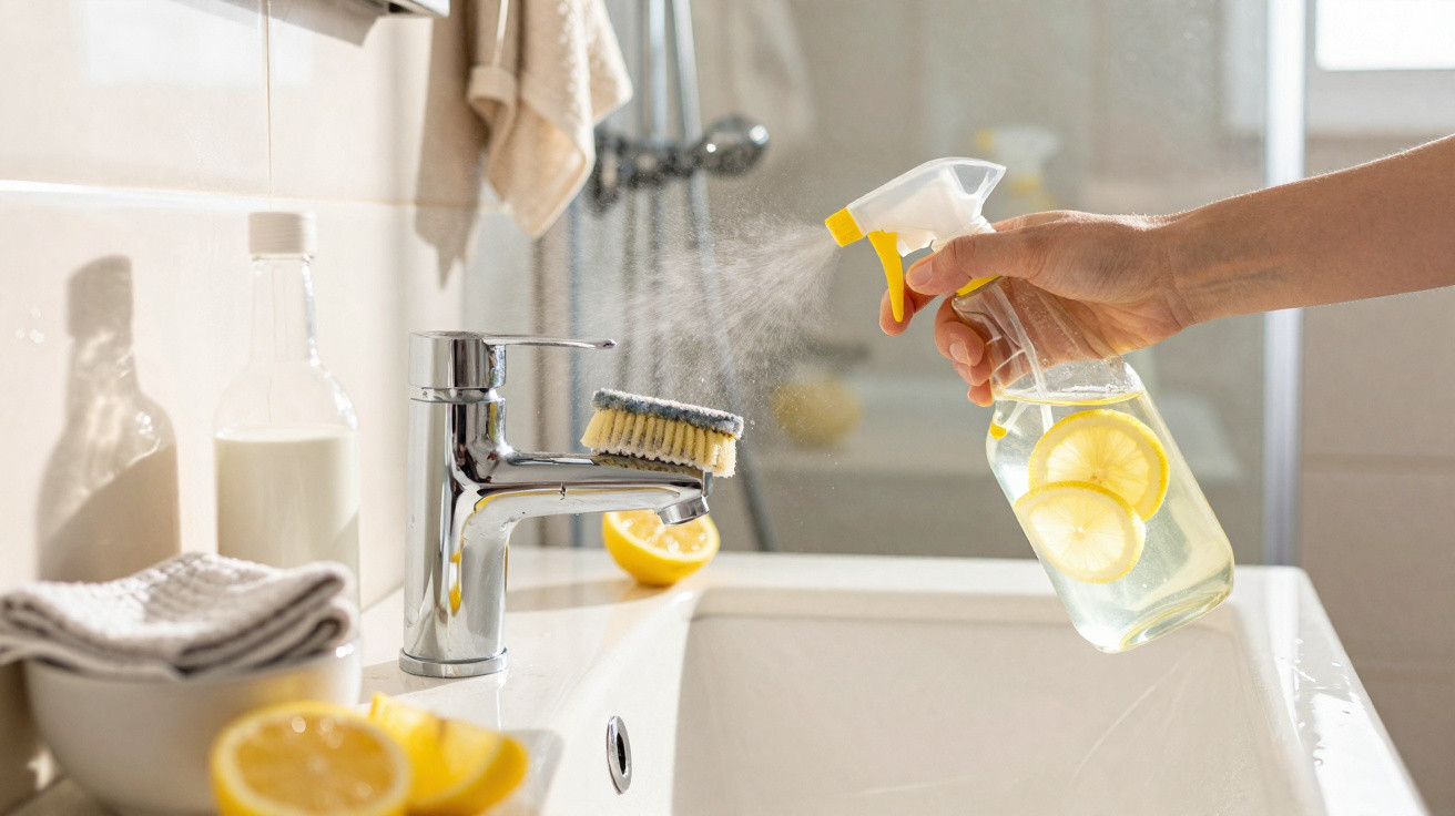 Mão a borrifar limpa torneira da casa de banho com escova e produto caseiro com limão.
