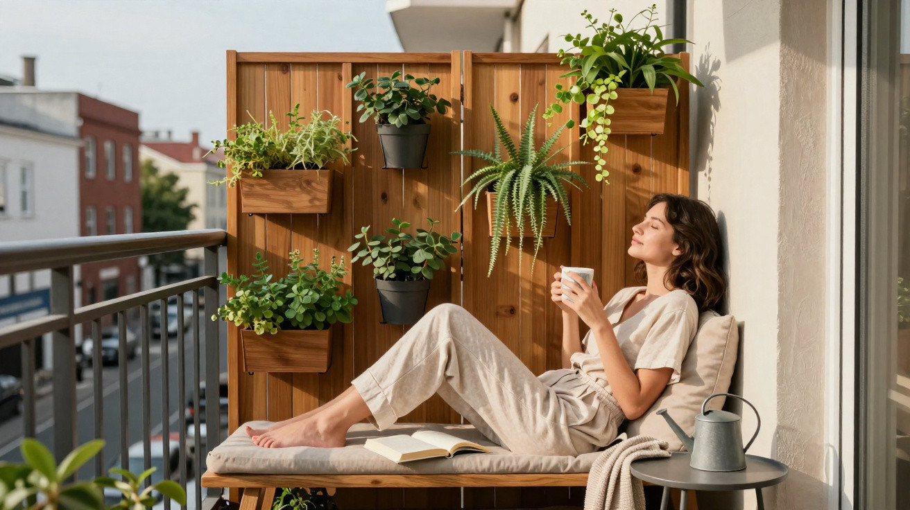 Mulher relaxa sentada num banco de varanda com plantas e uma chávena nas mãos, sob luz natural.
