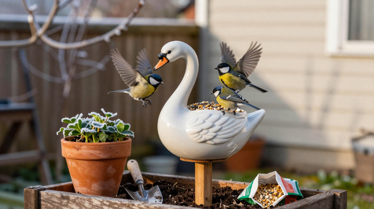 Pássaros alimentam-se numa comedouro de cerâmica branca em forma de cisne num jardim com vaso e ferramentas de jardinagem.