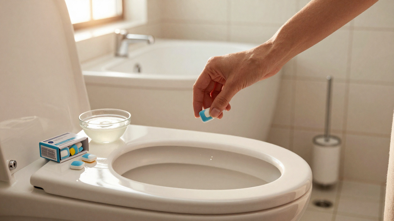 Mão a colocar pastilha limpa sanita azul em sanita branca numa casa de banho moderna e luminosa.