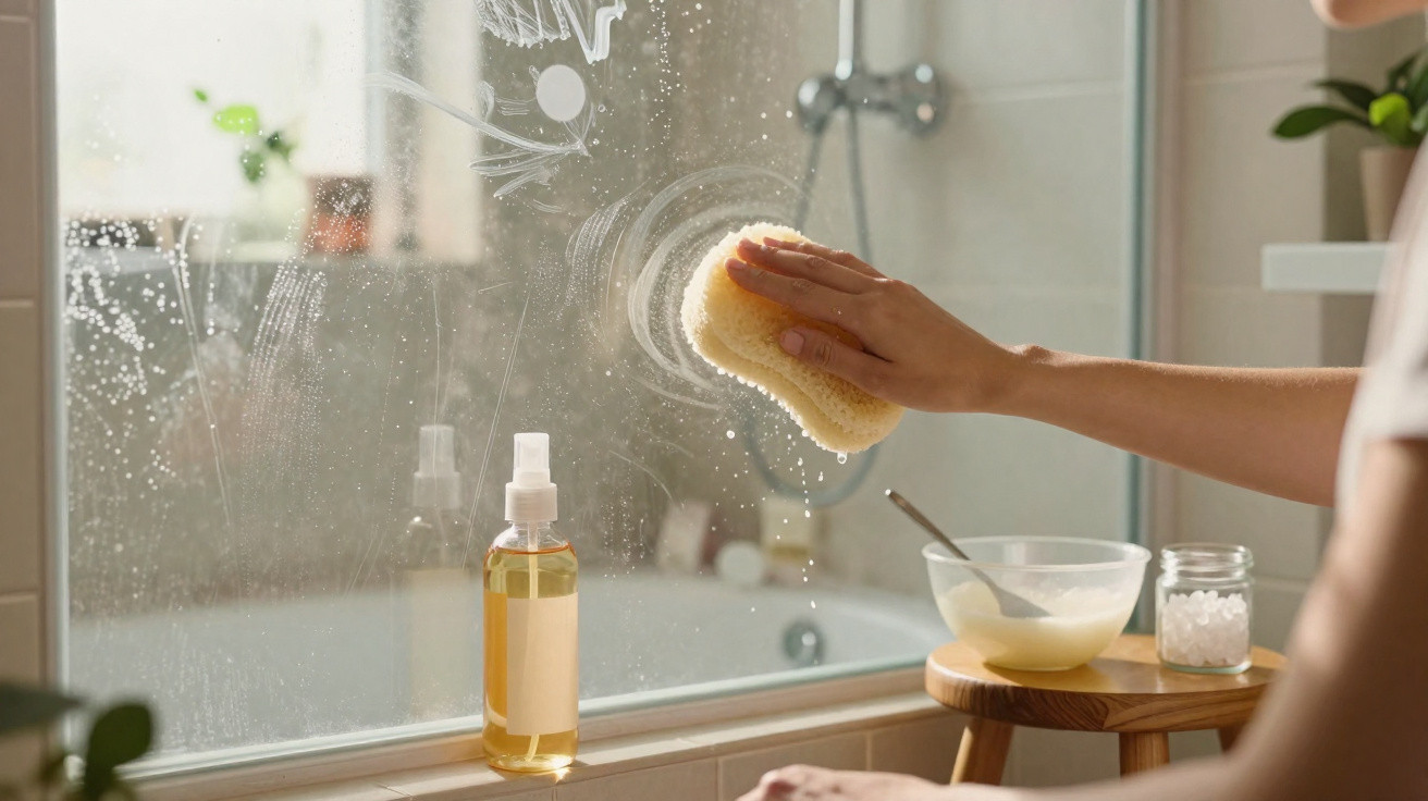 Pessoa a limpar um espelho de casa de banho com uma esponja e produtos de limpeza naturais.