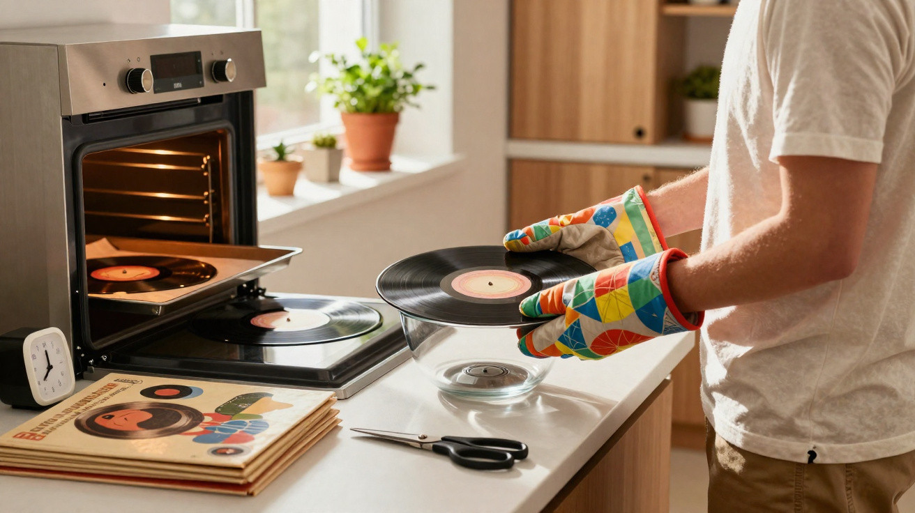 Pessoa a segurar um disco de vinil com luvas na cozinha, com discos dentro e fora do forno ligado.
