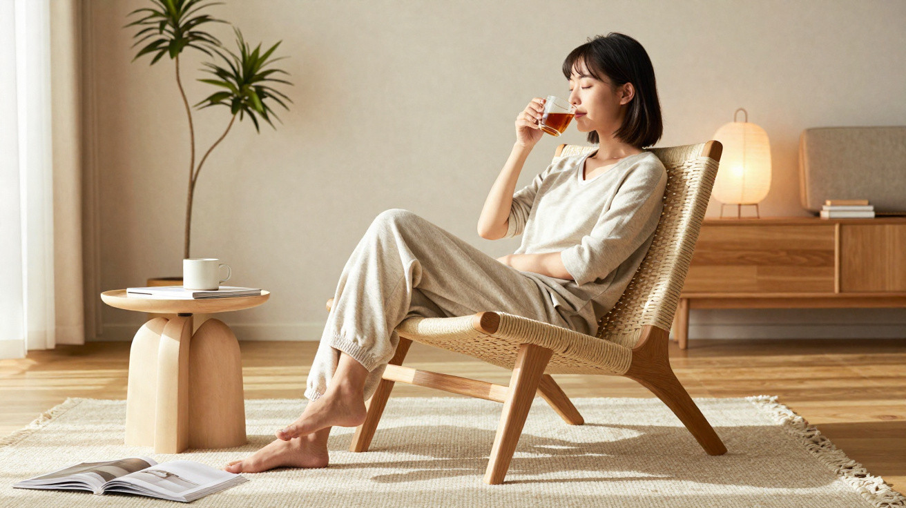 Mulher sentada numa cadeira de madeira moderna a beber chá numa sala luminosa e minimalista.