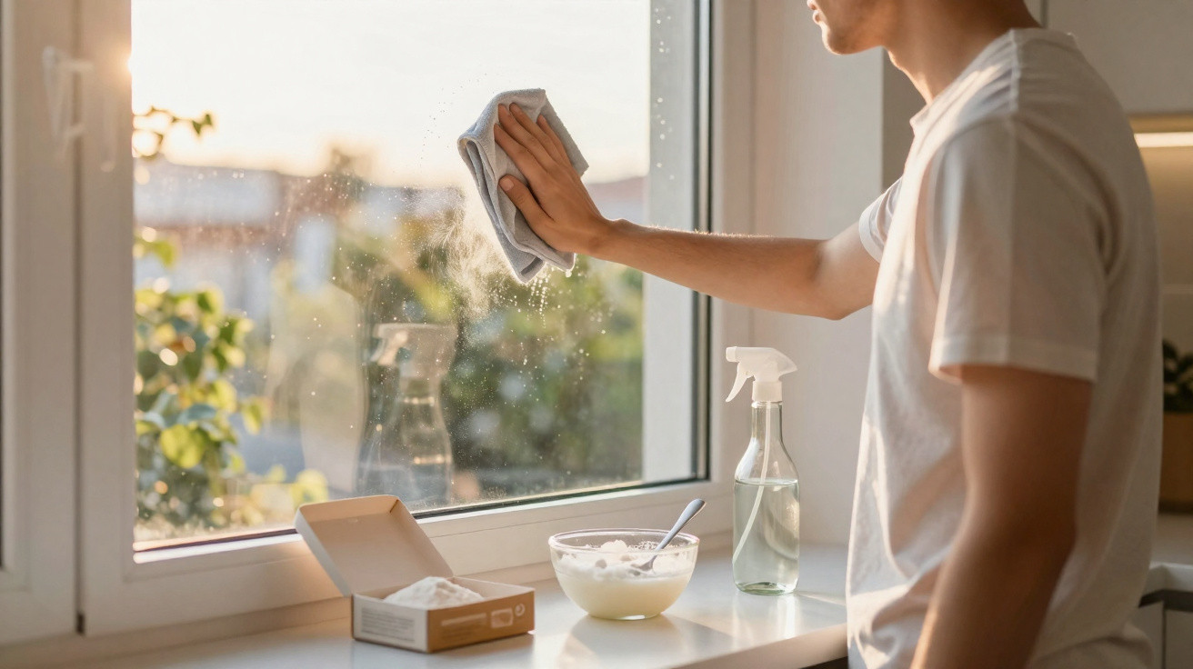 Pessoa a limpar uma janela de vidro com pano, perto de produtos de limpeza naturais numa cozinha iluminada.