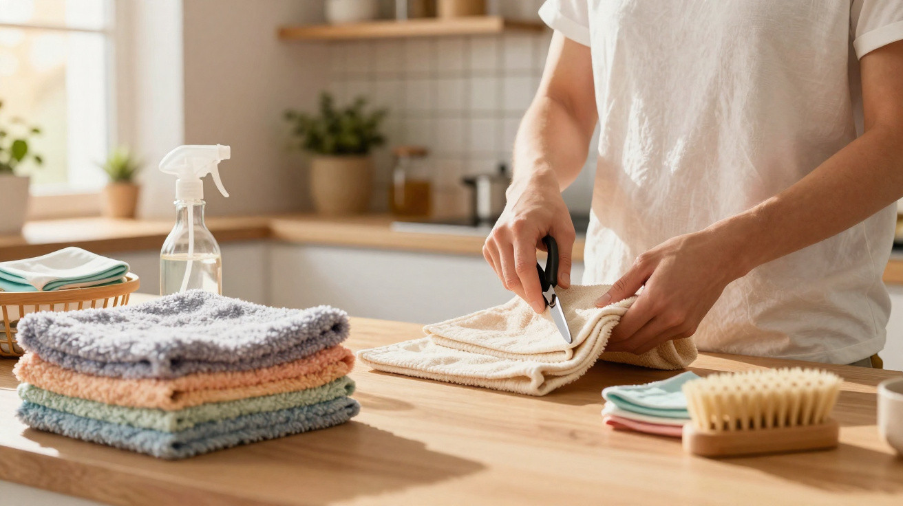 Pessoa cortando uma toalha bege numa cozinha com toalhas dobradas e produtos de limpeza sobre a mesa.
