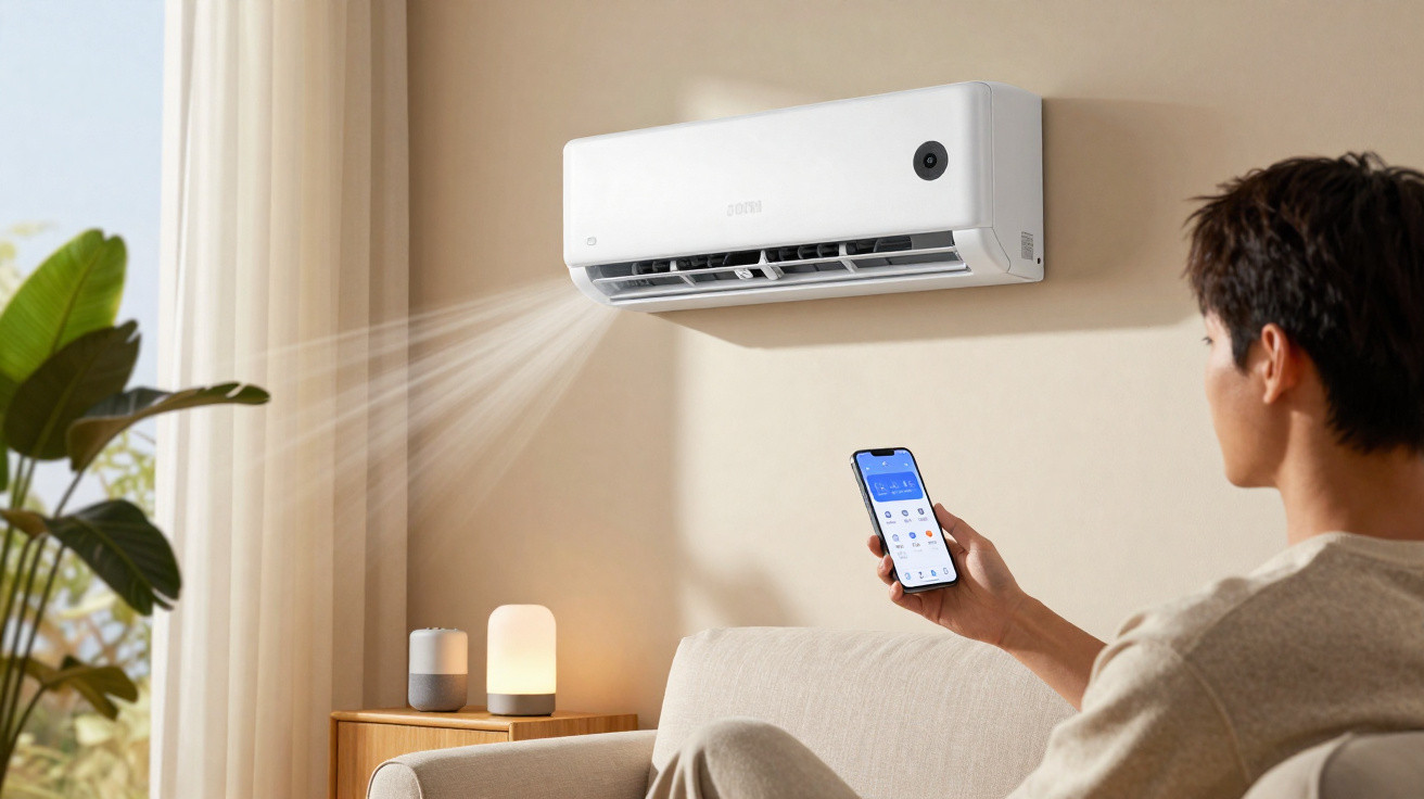 Ar condicionado branco ligado numa parede, com pessoa a controlar por telemóvel numa sala aconchegante.
