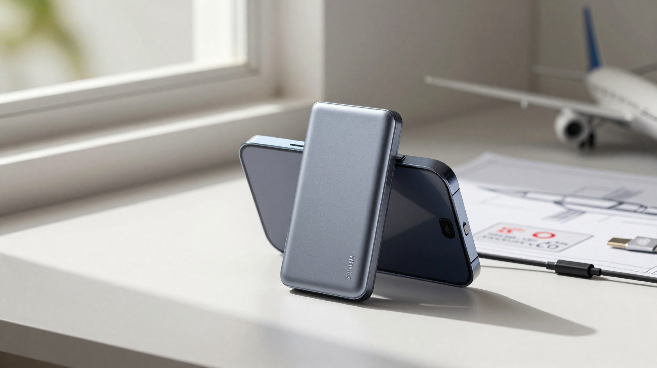 Carregador portátil cinzento magneticamente preso a um smartphone preto sobre uma secretária branca.