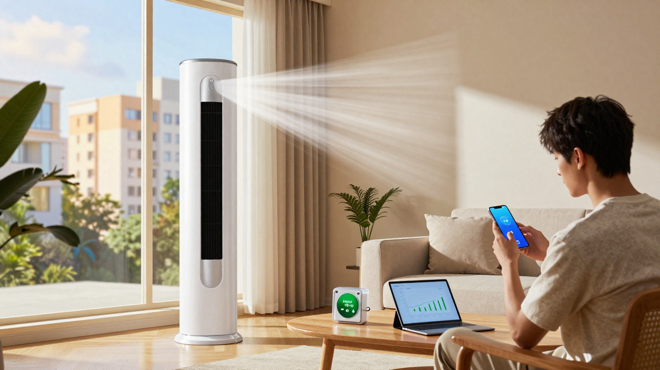 Homem numa sala a usar o telemóvel com ventilador de torre ligado e tablet na mesa com gráficos exibidos.