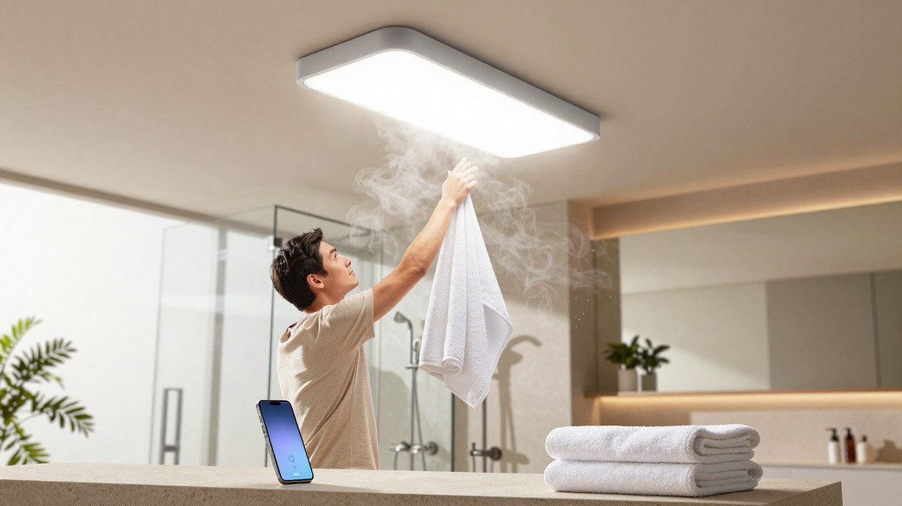 Homem a secar uma toalha com vapor de luz de teto numa casa de banho moderna.