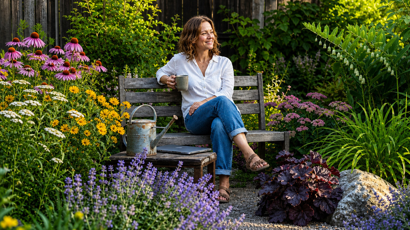 Mulher sentada num banco de jardim rodeada de flores coloridas, segurando uma caneca e sorrindo.