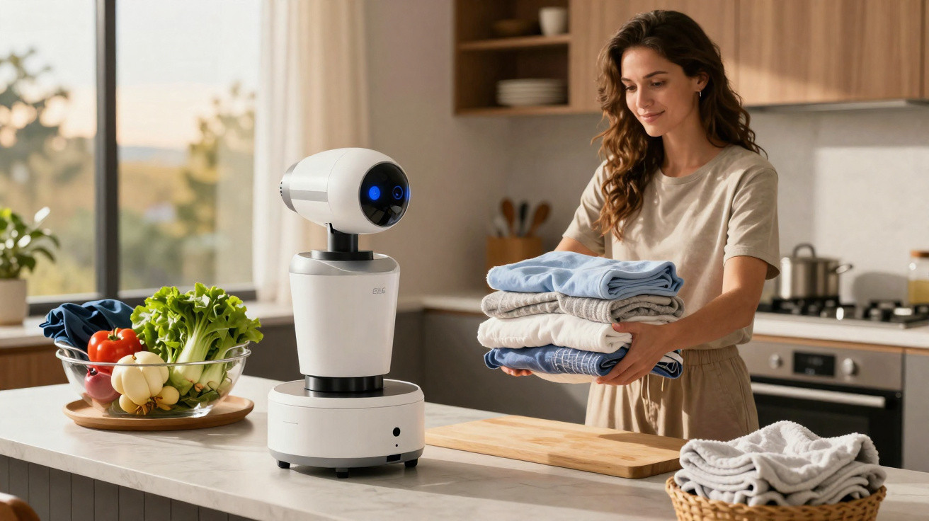 Mulher a dobrar roupa numa cozinha moderna, com um robô doméstico ao lado numa bancada.