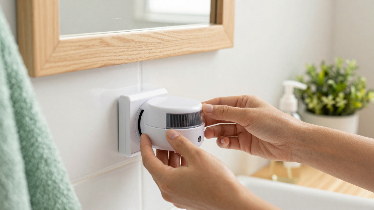 Mãos de uma pessoa a instalar ou ajustar um aparelho branco com sensor num azulejo de parede de casa de banho.