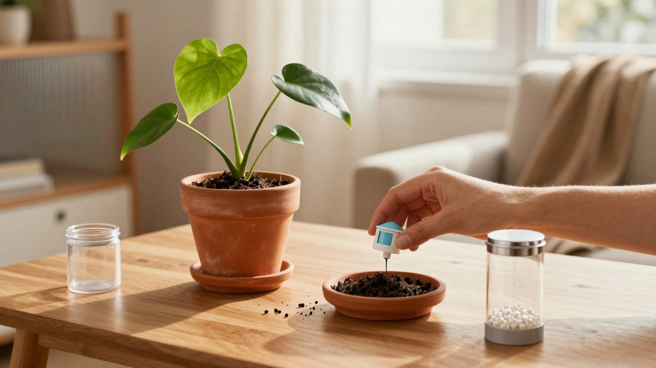 Mão a plantar semente numa pequena tigela com terra ao lado de vaso com planta em mesa de madeira.