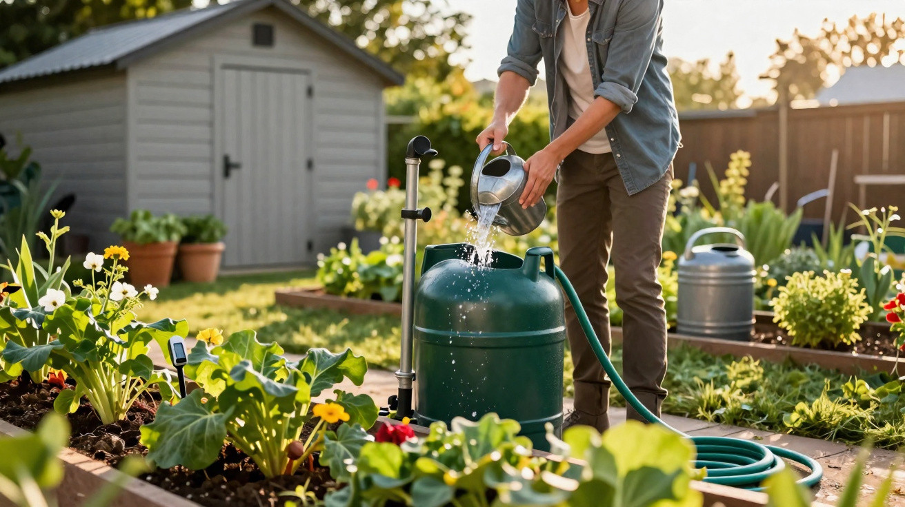 Pessoa a encher regador num jardim com diversas plantas e flores numa manhã ensolarada.