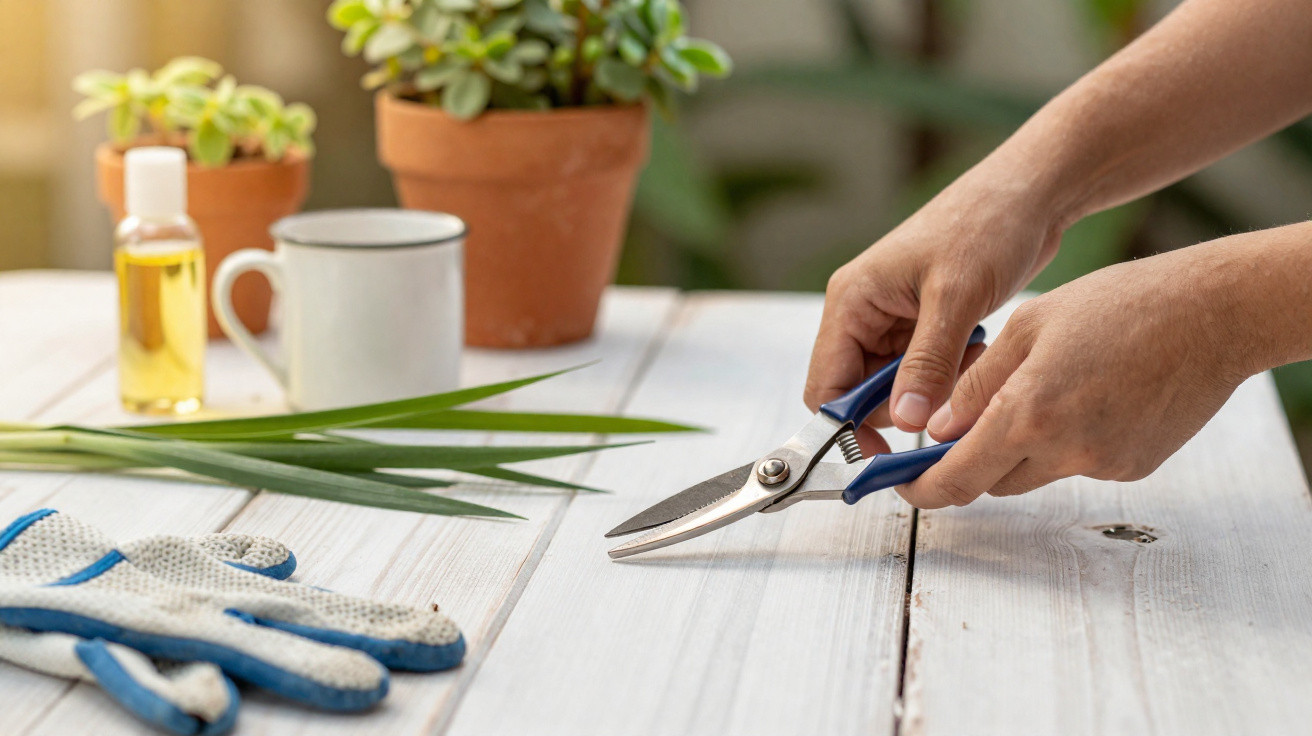 Mãos seguram tesoura de poda azul sobre mesa branca com luvas, plantas em vaso e óleo ao fundo.
