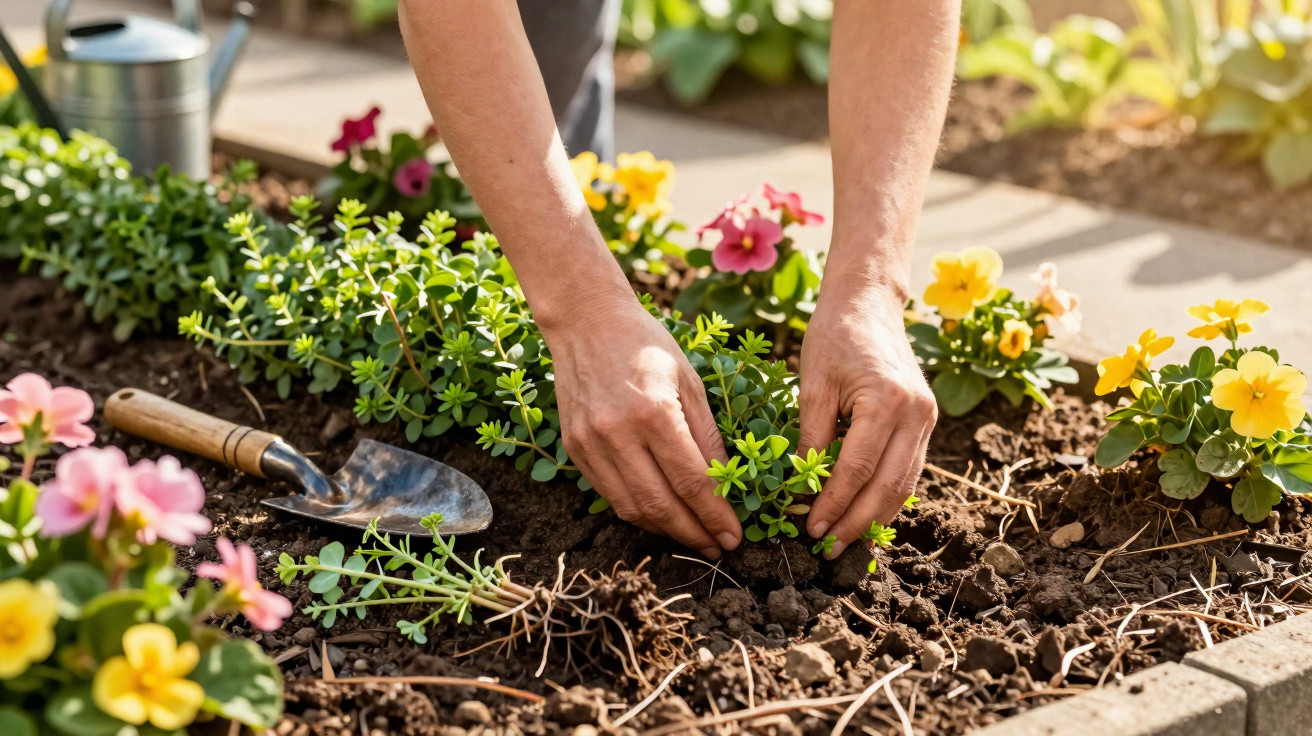 Mãos a plantar pequenas plantas com flores amarelas e rosas num canteiro de terra, com ferramentas de jardinagem.
