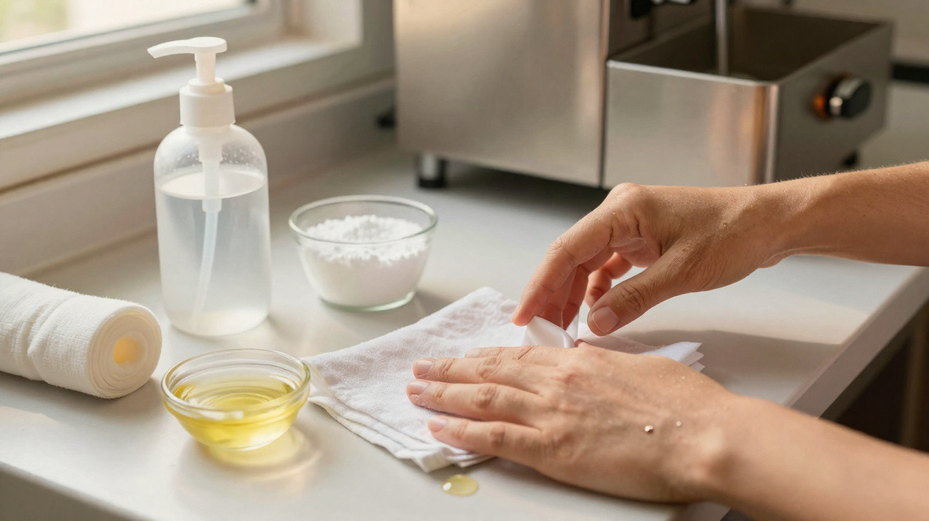 Mãos a limpar unhas com toalha branca, perto de toalha enrolada, liquid soap, óleo e sal numa bancada.