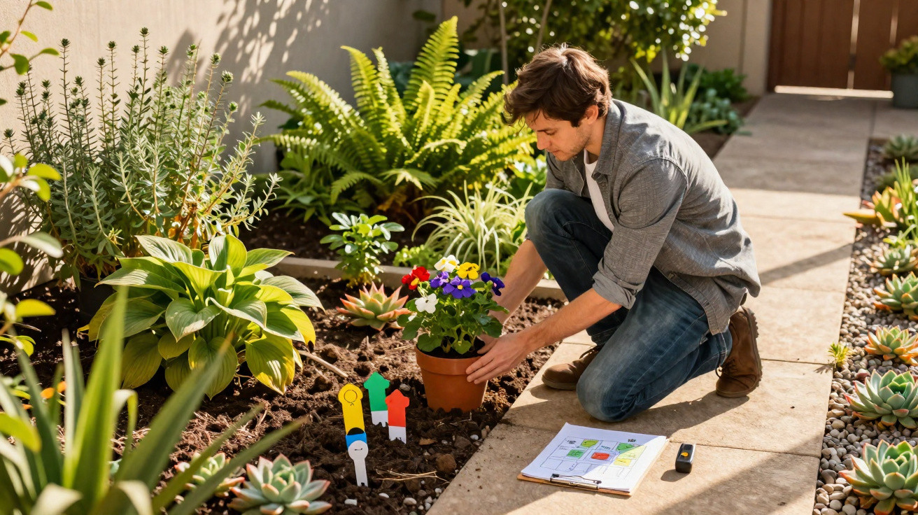 Homem a plantar flores num jardim organizado, com plantas e ferramentas ao redor.