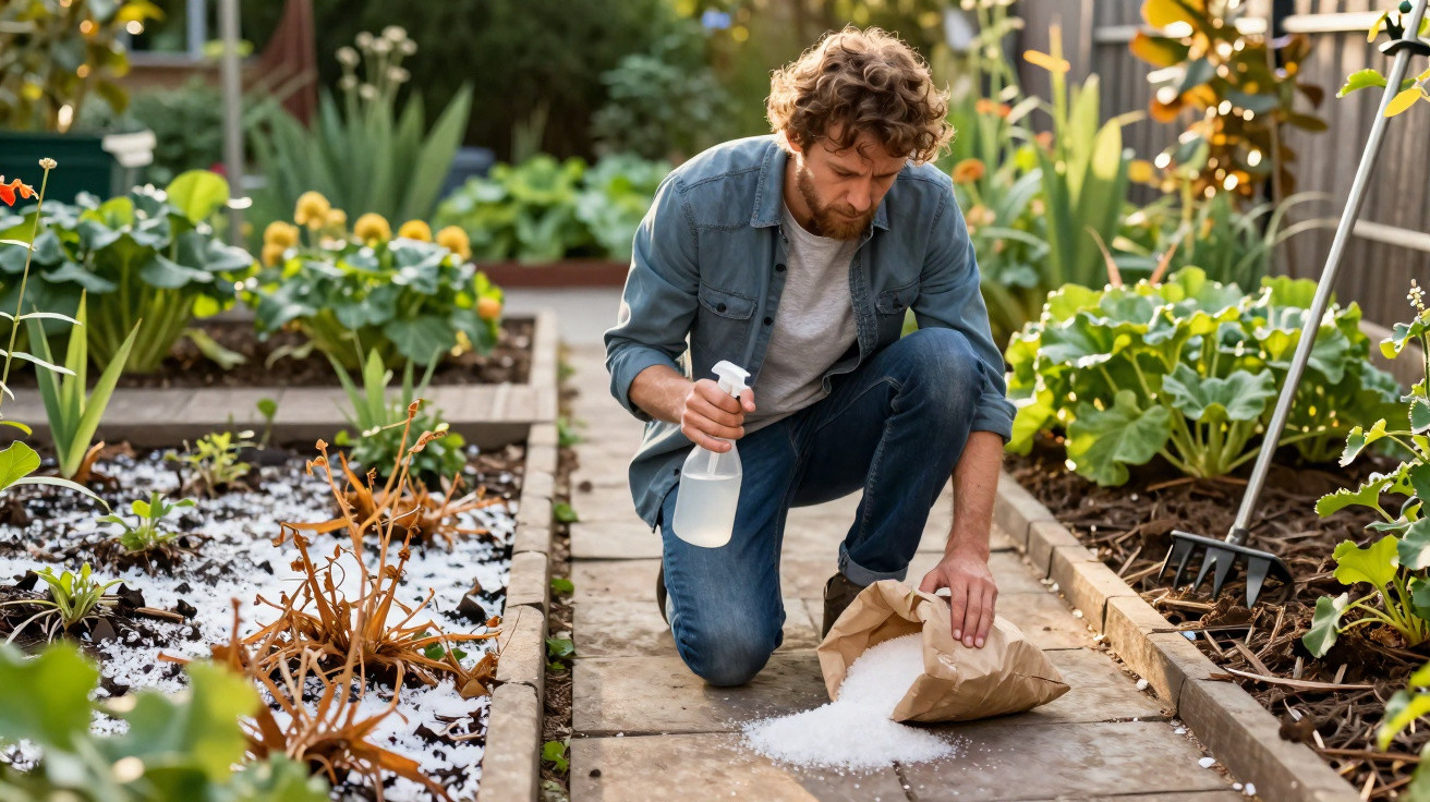 Homem a espalhar sal no chão de um jardim entre canteiros com plantas e flores.