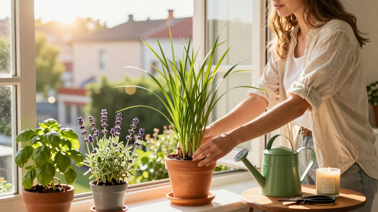 Mulher a cuidar de plantas em vasos numa janela com regador e vela sobre mesa de madeira.