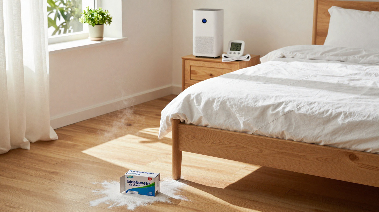 Quarto com cama de madeira, ar purificador, termómetro e bicarbonato de sódio espalhado no chão.