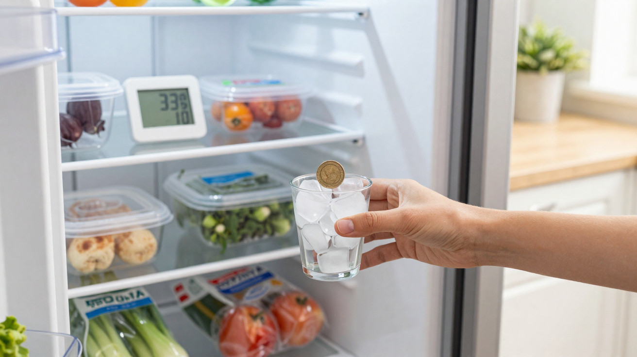 Mão a colocar um copo com gelo e uma moeda dentro de um frigorífico com alimentos organizados nas prateleiras.