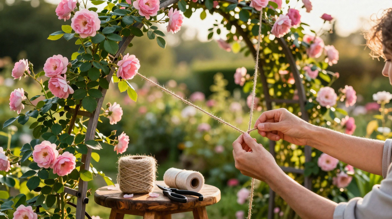 Mãos a atar corda numa estrutura de jardim com rosas cor de rosa e materiais de jardinagem numa mesa.