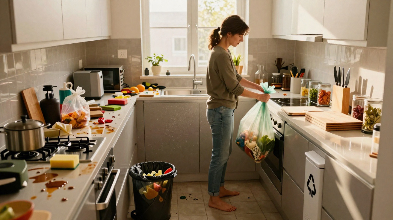 Mulher a limpar cozinha desarrumada, segurando saco de lixo com restos de comida.