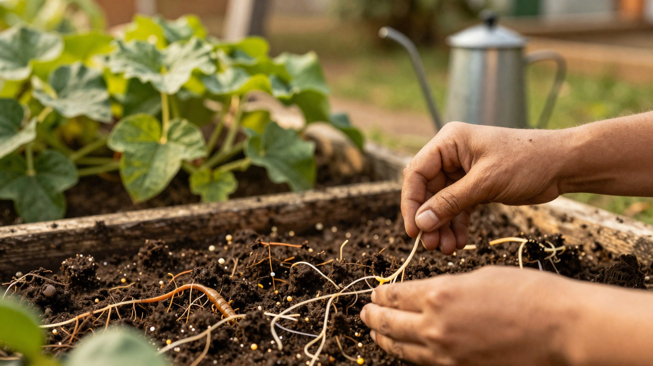 Mãos a cuidar de um viveiro com terra, rebentos brancos e plantas verdes ao fundo.