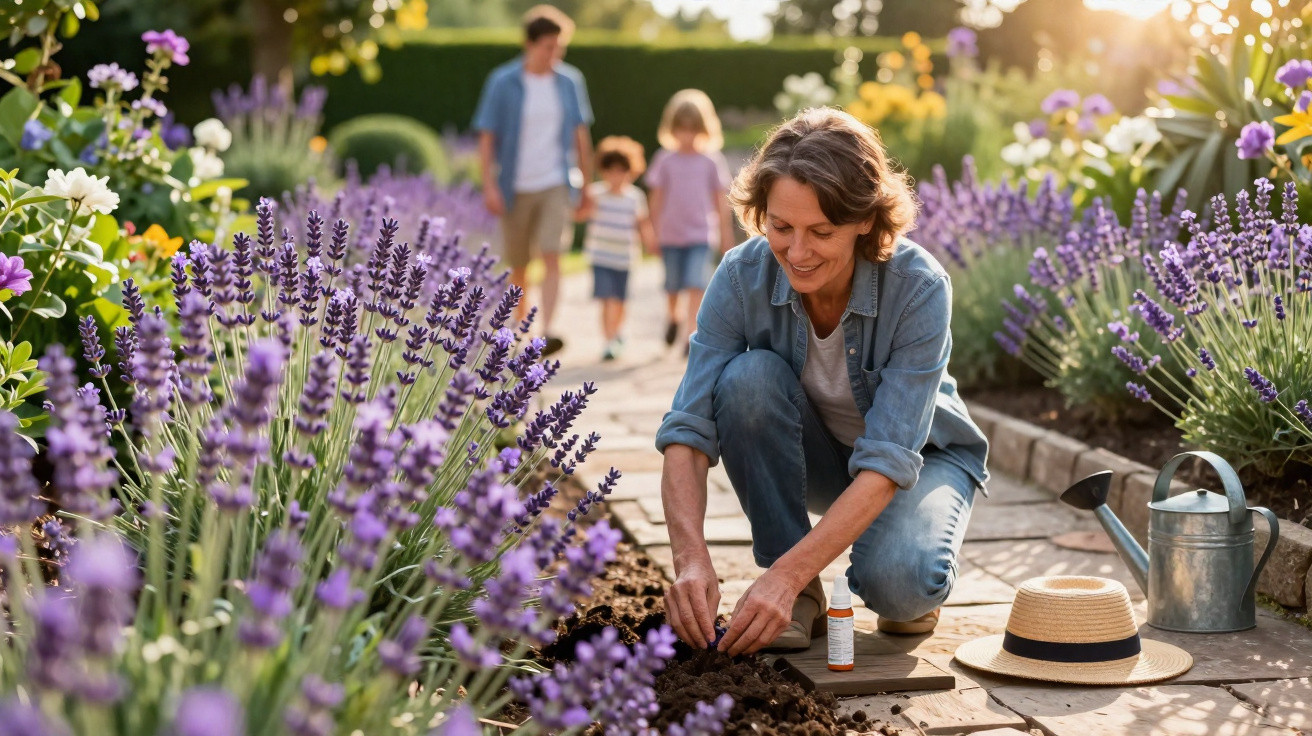 Mulher a plantar flores num jardim com lavanda, enquanto três pessoas caminham ao fundo a tarde.